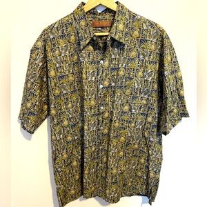 Tori Richard Honolulu Hawaiian Shirt Blue Tan Pineapples Vintage Cotton Mens Lrg